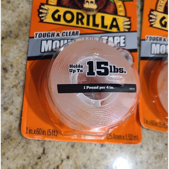 (2) Gorilla Tough & Clear Double Sided Mounting Tape Weatherproof 1" x 60" Clear - Picture 2 of 7
